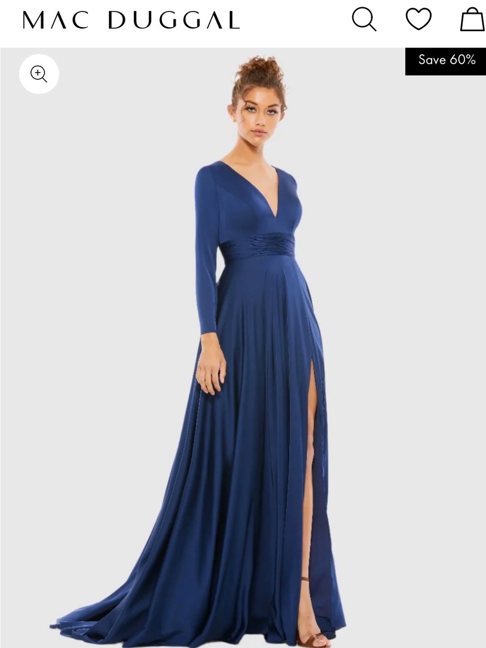 Mac Duggal Midnight Blue Long-Sleeve V-Neck Gown with Side Slit
